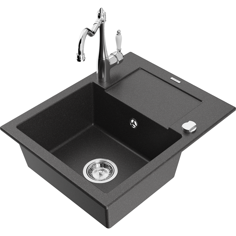 Mexen Enzo granite sink 1-bowl with drainer and Carla kitchen tap, black speckled - 6506-76-670700-00