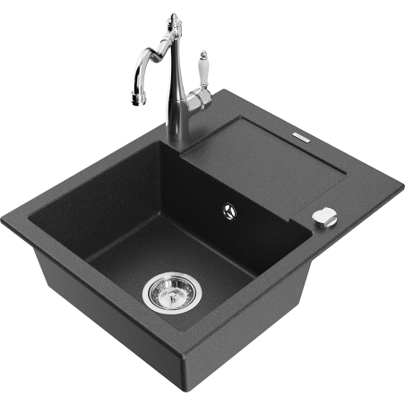 Mexen Enzo granitic single-bowl kitchen sink with drainer and Carla kitchen faucet, black speckled - 6506-76-670700-00
