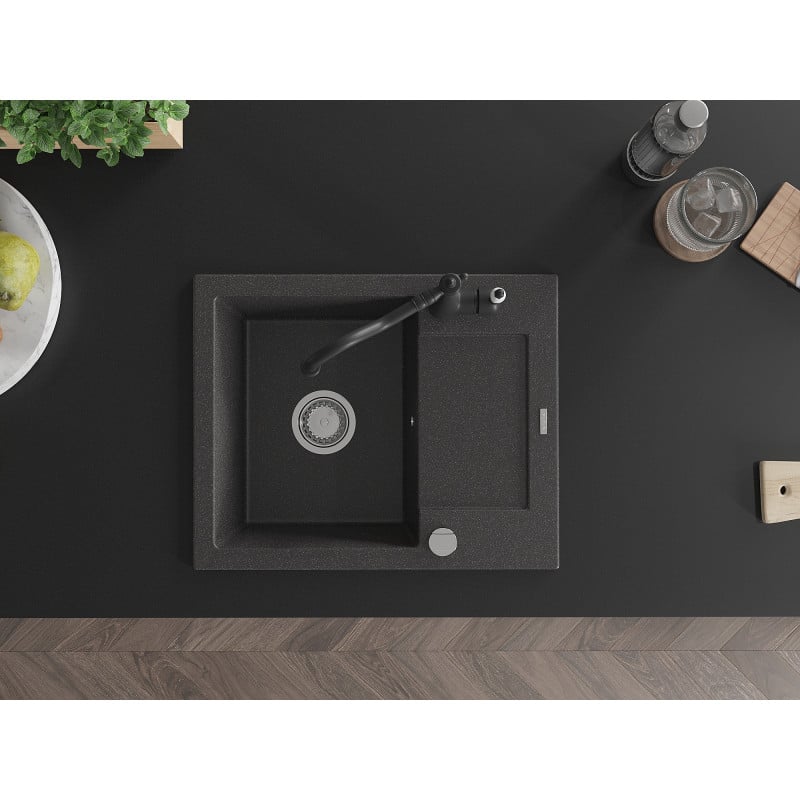 Mexen Enzo fregadero de granito de 1 cubeta con escurridor y grifo de cocina Carla, negro moteado - 6506-76-670700-70