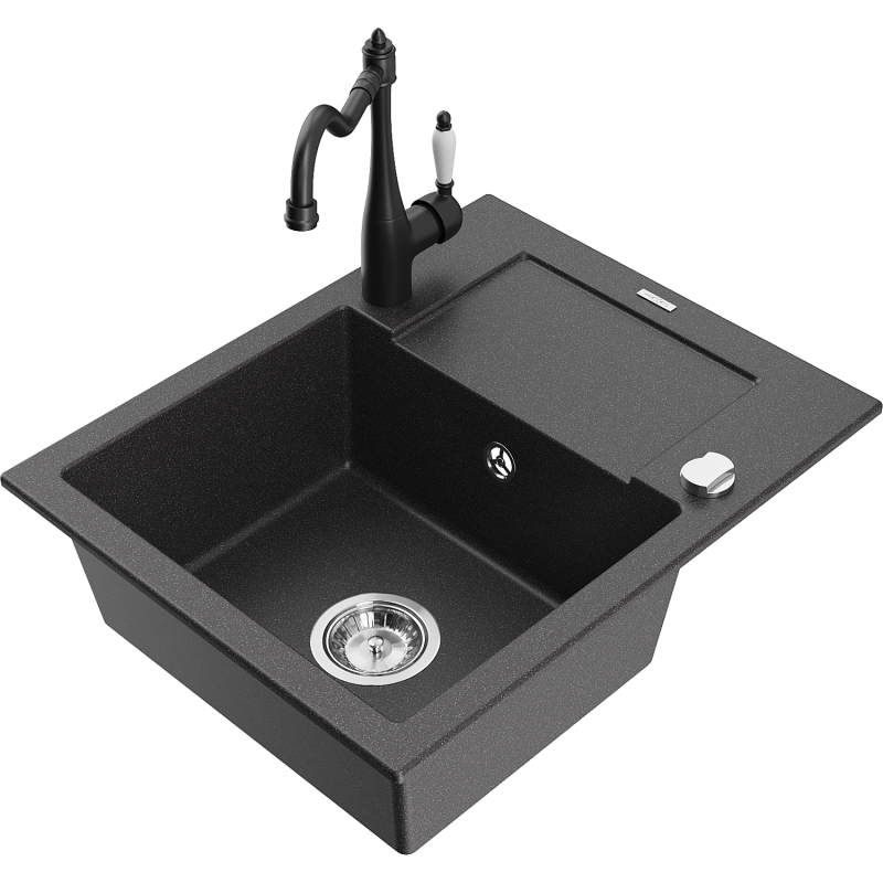 Mexen Enzo 1-bowl granite sink with drainer and Carla kitchen tap, speckled black - 6506-76-670700-70