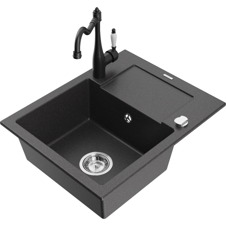 Mexen Enzo 1-bowl granite sink with drainer and Carla kitchen tap, speckled black - 6506-76-670700-70