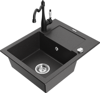 Mexen Enzo 1-bowl granite sink with drainer and Carla kitchen tap, speckled black - 6506-76-670700-70