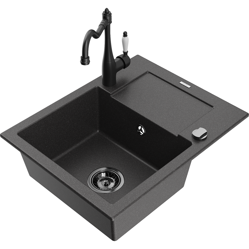 Mexen Enzo granitno pomivalno korito z 1 komoro, odcejalnikom in kuhinjsko armaturo Carla, črno s pikami - 6506-76-670700-70-B