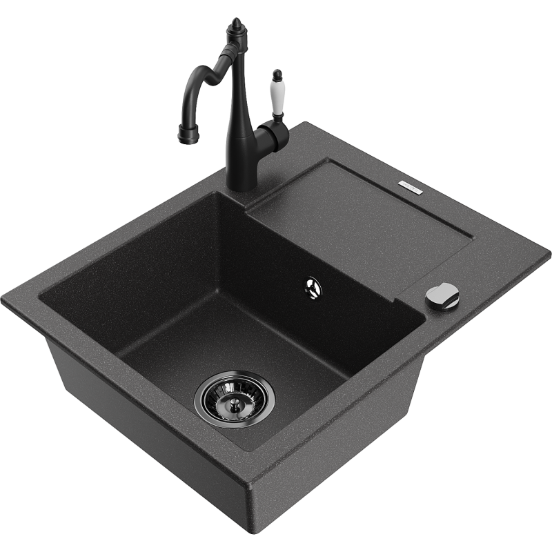 Mexen Enzo lava-loiça de granito 1-bacia com escorredor e torneira de cozinha Carla, preto salpicado - 6506-76-670700-70-B