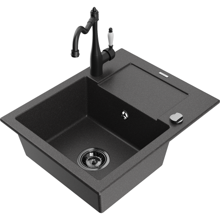 Mexen Enzo évier en granit 1-bac avec égouttoir et robinet de cuisine Carla, noir moucheté - 6506-76-670700-70-B