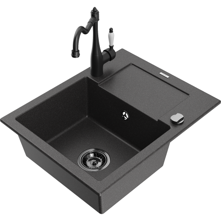 Mexen Enzo lava-loiça de granito 1-bacia com escorredor e torneira de cozinha Carla, preto salpicado - 6506-76-670700-70-B