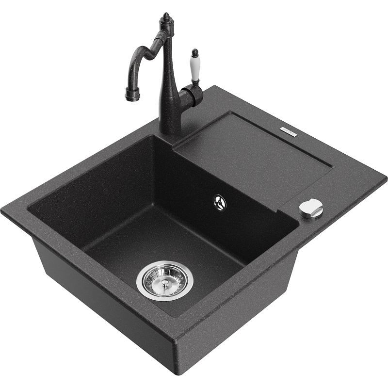 Mexen Enzo 1-bowl granite sink with drainer and Carla kitchen tap, speckled black - 6506-76-670700-76