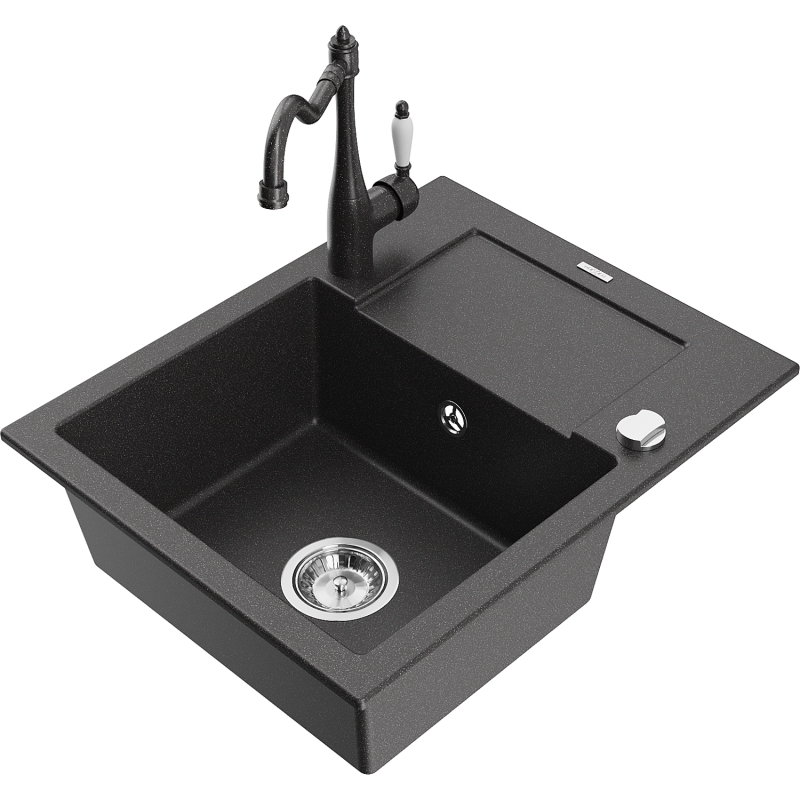 Mexen Enzo fregadero de granito de 1 cubeta con escurridor y grifo de cocina Carla, negro moteado - 6506-76-670700-76