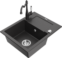 Mexen Enzo 1-bowl granite sink with drainer and Carla kitchen tap, speckled black - 6506-76-670700-76