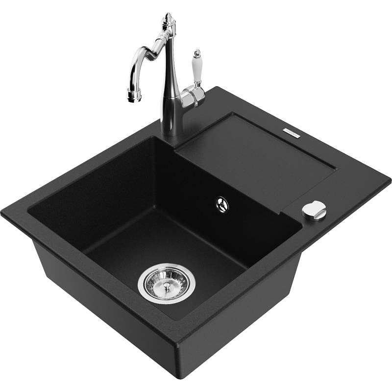 Mexen Enzo 1-bowl granite sink with drainer and Carla kitchen faucet, black - 6506-77-670700-00