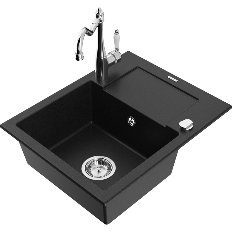 Mexen Enzo fregadero de granito de 1 compartimento con escurridor y grifo de cocina Carla, negro - 6506-77-670700-00