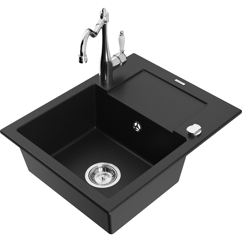 Mexen Enzo fregadero de granito de 1 seno con escurridor y grifo de cocina Carla, negro - 6506-77-670700-00