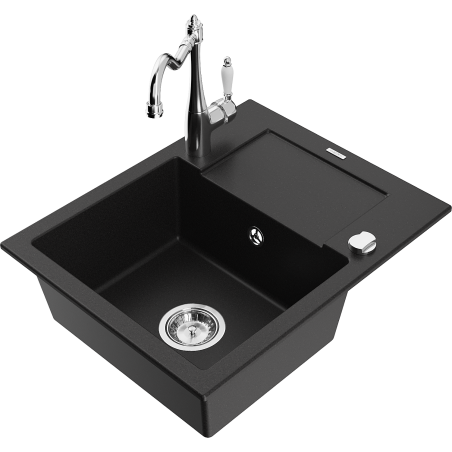 Mexen Enzo 1-bowl granite sink with drainer and Carla kitchen faucet, black - 6506-77-670700-00