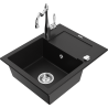 Mexen Enzo 1-bowl granite sink with drainer and Carla kitchen faucet, black - 6506-77-670700-00