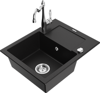 Mexen Enzo 1-bowl granite sink with drainer and Carla kitchen faucet, black - 6506-77-670700-00