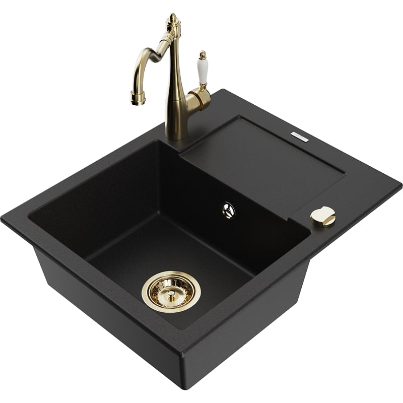 Mexen Enzo 1-bowl granite sink with drainer and kitchen faucet Carla, black - 6506-77-670700-50