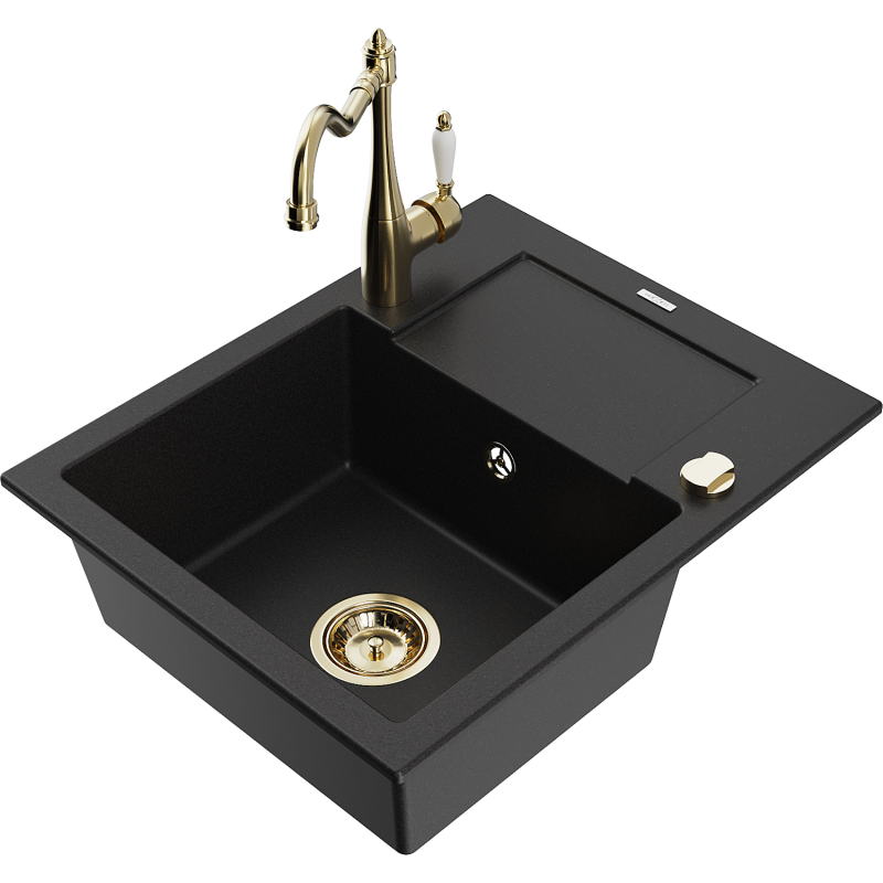 Mexen Enzo lava-loiça em granito com 1 cuba, escorredor e torneira de cozinha Carla, preto - 6506-77-670700-50