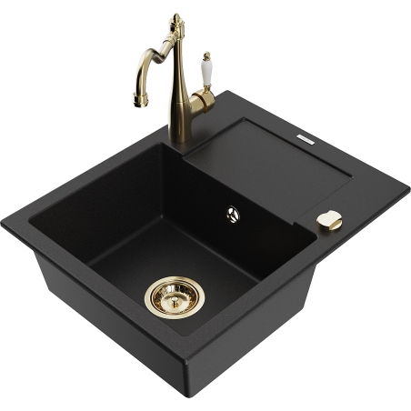 Mexen Enzo 1-bowl granite sink with drainer and kitchen faucet Carla, black - 6506-77-670700-50