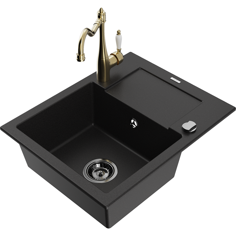 Mexen Enzo 1-bowl granite sink with drainer and Carla kitchen tap, black - 6506-77-670700-50-B