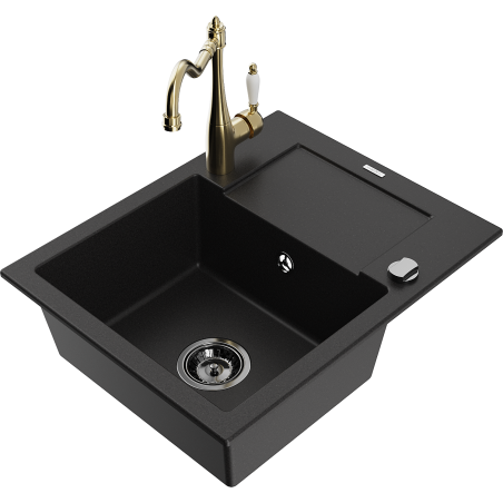 Mexen Enzo 1-bowl granite sink with drainer and Carla kitchen tap, black - 6506-77-670700-50-B