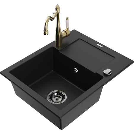 Mexen Enzo évier en granit 1 bac avec égouttoir et robinet de cuisine Carla, noir - 6506-77-670700-50-B