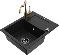 Mexen Enzo 1-bowl granite sink with drainer and Carla kitchen tap, black - 6506-77-670700-50-B
