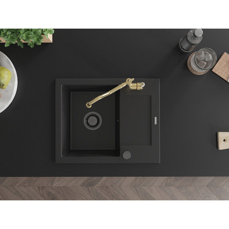 Mexen Enzo 1-bowl granite sink with drainer and Carla kitchen tap, black - 6506-77-670700-50-B
