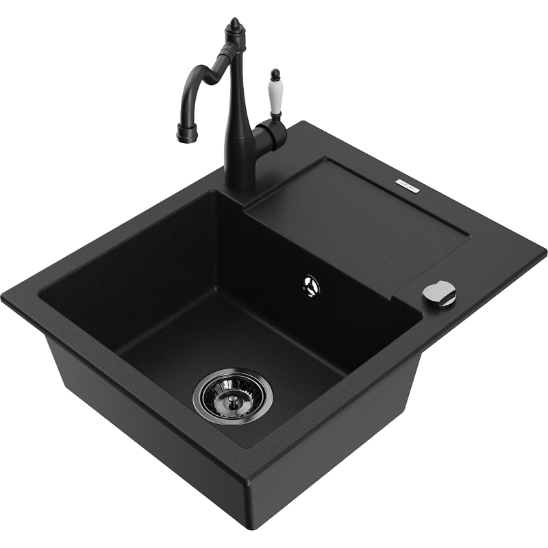 Mexen Enzo fregadero de granito de 1 cubeta con escurridor y grifo de cocina Carla, negro - 6506-77-670700-70-B