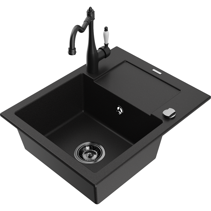 Mexen Enzo granieten spoelbak met 1 bak, afdruiprek en keukenkraan Carla, zwart - 6506-77-670700-70-B