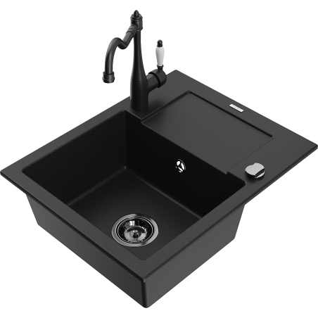 Mexen Enzo 1-Bowl Granite Sink with Drainer and Carla Kitchen Faucet, Black - 6506-77-670700-70-B
