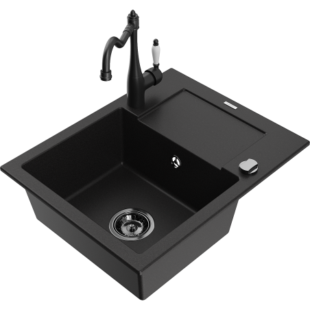 Mexen Enzo évier en granit 1 bac avec égouttoir et robinet de cuisine Carla, noir - 6506-77-670700-70-B