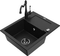 Mexen Enzo 1-Bowl Granite Sink with Drainer and Carla Kitchen Faucet, Black - 6506-77-670700-70-B