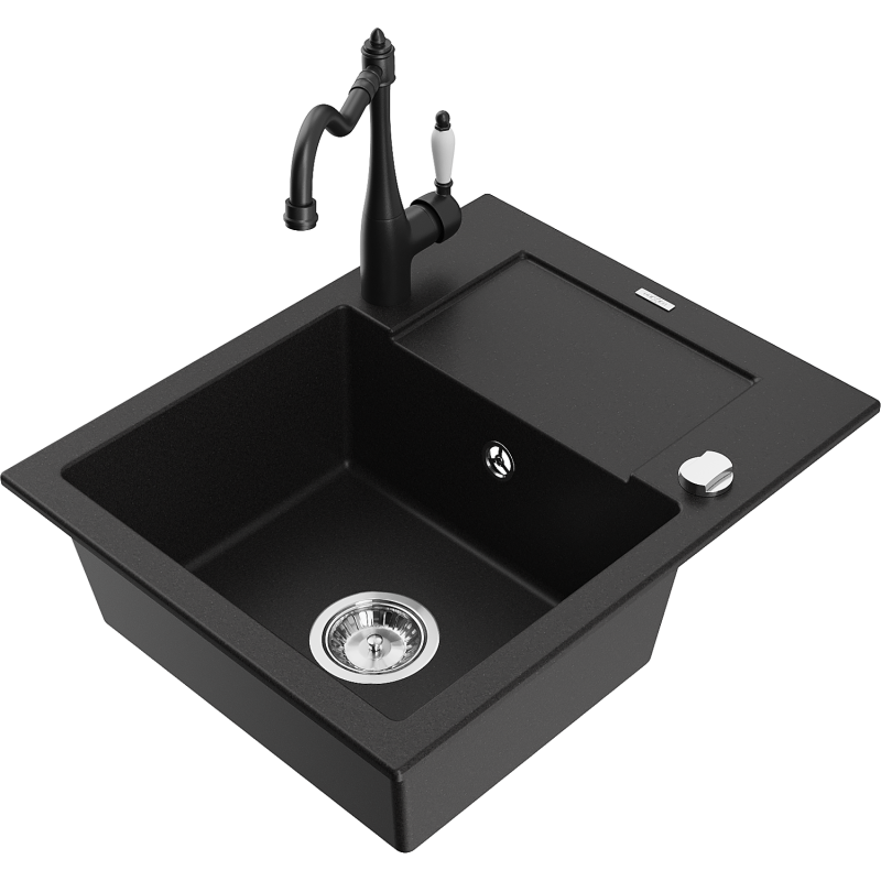 Mexen Enzo fregadero de granito de 1 seno con escurridor y grifo de cocina Carla, negro - 6506-77-670700-70