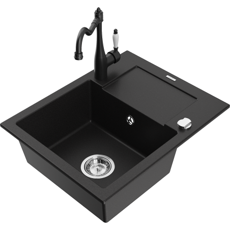 Mexen Enzo 1-compartment granite sink with a drip tray and kitchen mixer tap Carla, Black - 6506-77-670700-70