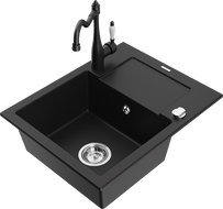 Mexen Enzo granite kitchen sink 1-bowl with drainer and Carla kitchen faucet, black - 6506-77-670700-70