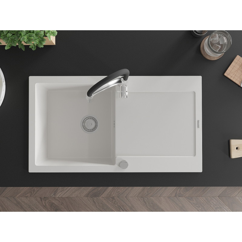 Mexen Leo fregadero de granito de 1 seno con escurridor y grifo de cocina Aster, blanco - 6501-20-73450-07