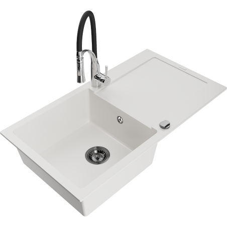 Mexen Leo fregadero de granito de 1 cubeta con escurridor y grifo de cocina Aster, blanco - 6501-20-73450-07-B