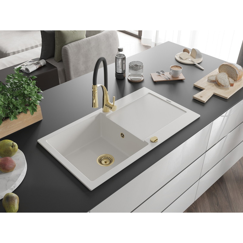 Mexen Leo fregadero de granito de 1 seno con escurridor y grifo de cocina Aster, blanco - 6501-20-73450-57-G