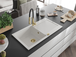 Mexen Leo 1-bowl granite sink with drainer and Aster kitchen tap, white - 6501-20-73450-57-G