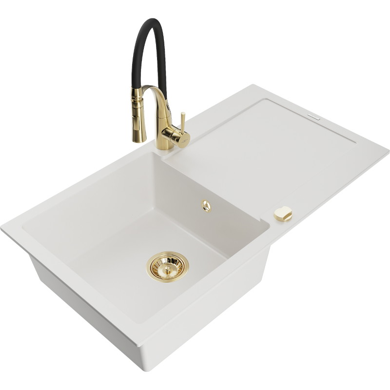 Mexen Leo fregadero de granito de 1 seno con escurridor y grifo de cocina Aster, blanco - 6501-20-73450-57-G