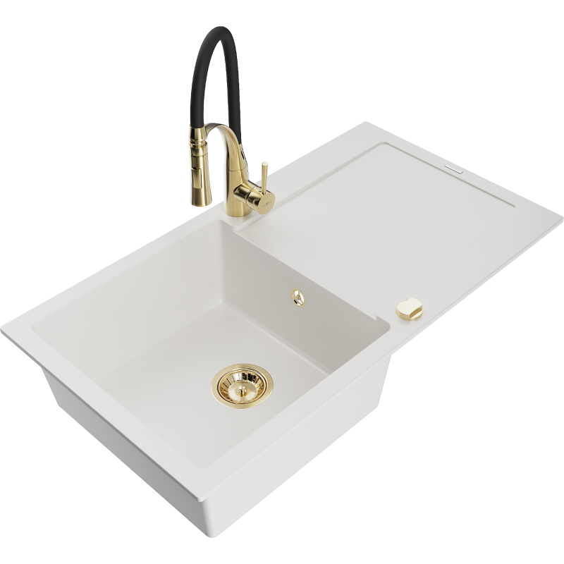 Mexen Leo lava-loiça em granito de 1 cuba com escorredor e torneira de cozinha Aster, branco - 6501-20-73450-57-G