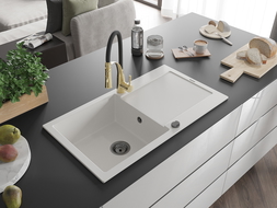 Mexen Leo lava-loiça de granito de 1 cuba com escorredor e torneira de cozinha Aster, branco - 6501-20-73450-57-B