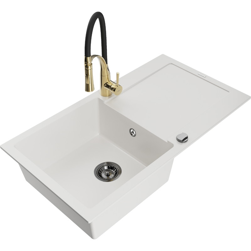 Mexen Leo granitspüle 1-becken mit abtropffläche und küchenarmatur Aster, weiß - 6501-20-73450-57-B
