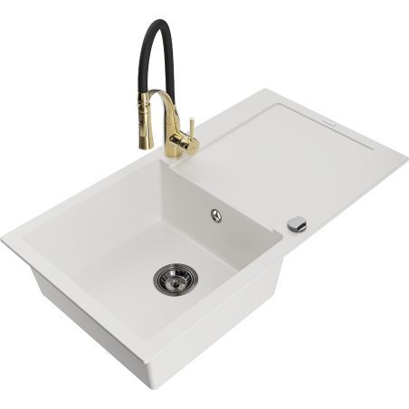 Mexen Leo lava-loiça de granito de 1 cuba com escorredor e torneira de cozinha Aster, branco - 6501-20-73450-57-B