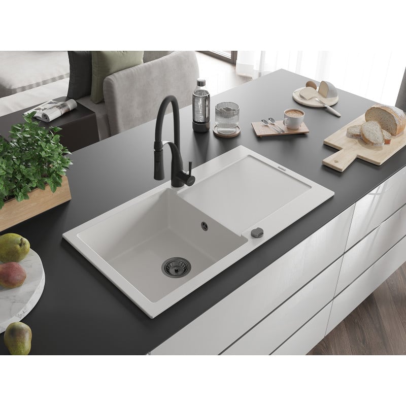 Mexen Leo granite sink 1-bowl with drainer and Aster kitchen tap, white - 6501-20-73450-70-B