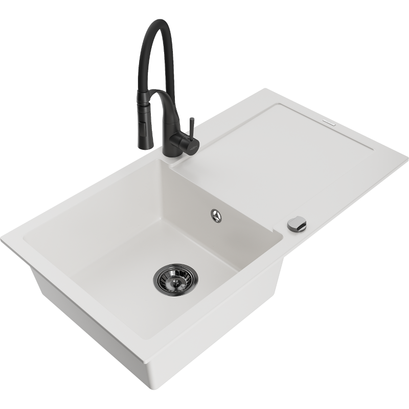 Mexen Leo fregadero de granito de 1 cubeta con escurridor y grifo de cocina Aster, blanco - 6501-20-73450-70-B