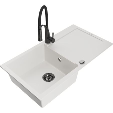 Mexen Leo fregadero de granito de 1 cubeta con escurridor y grifo de cocina Aster, blanco - 6501-20-73450-70-B