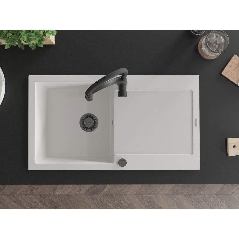 Mexen Leo fregadero de granito de 1 cubeta con escurridor y grifo de cocina Aster, blanco - 6501-20-73450-70-B