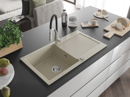 Mexen Leo 1-bowl granite sink with drainer and Aster kitchen faucet, beige - 6501-69-73450-07