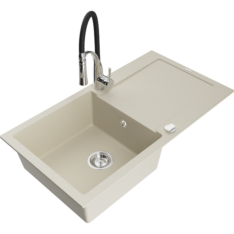 Mexen Leo fregadero de granito de 1 cubeta con escurridor y grifo de cocina Aster, beige - 6501-69-73450-07